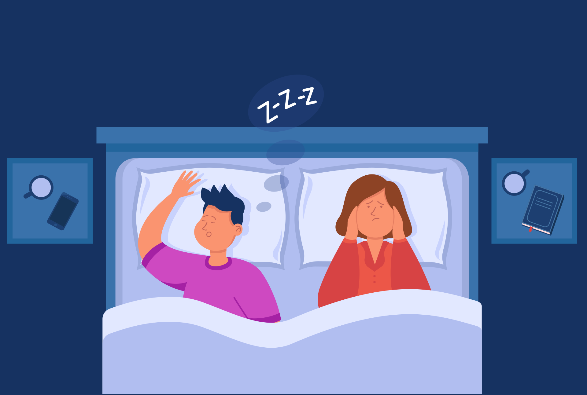 Uomo russa a letto, la moglie non dorme